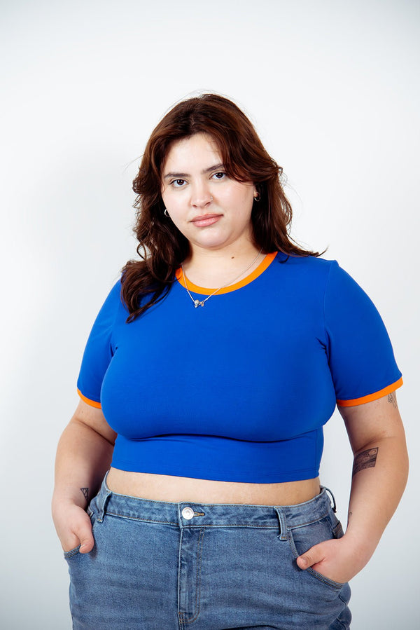 Crew Neck Crop T-shirt in Forgetmenot/Tangerin edging - Manners London