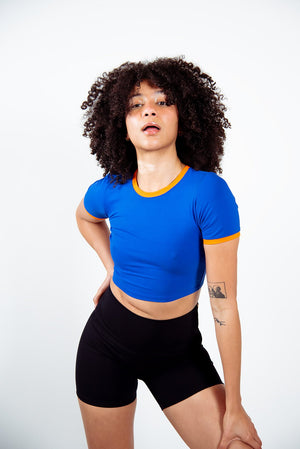 Crew Neck Crop T-shirt in Forgetmenot/Tangerin edging - Manners London