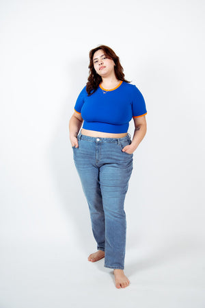 Crew Neck Crop T-shirt in Forgetmenot/Tangerin edging - Manners London