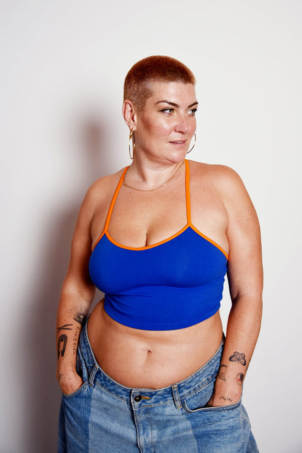 Crop Vest Top in Forgetmenot with Tangerine Straps LIMITED EDITION - Manners London