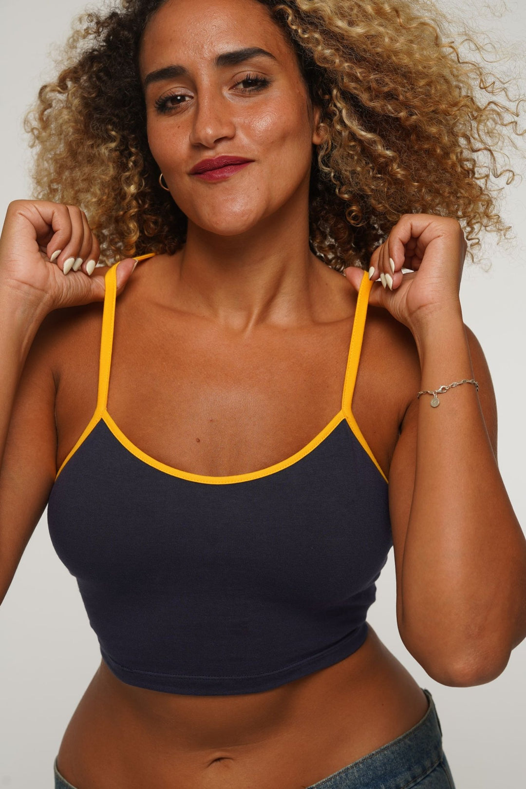 Crop Vest Top in Navy/Mango straps - Manners London