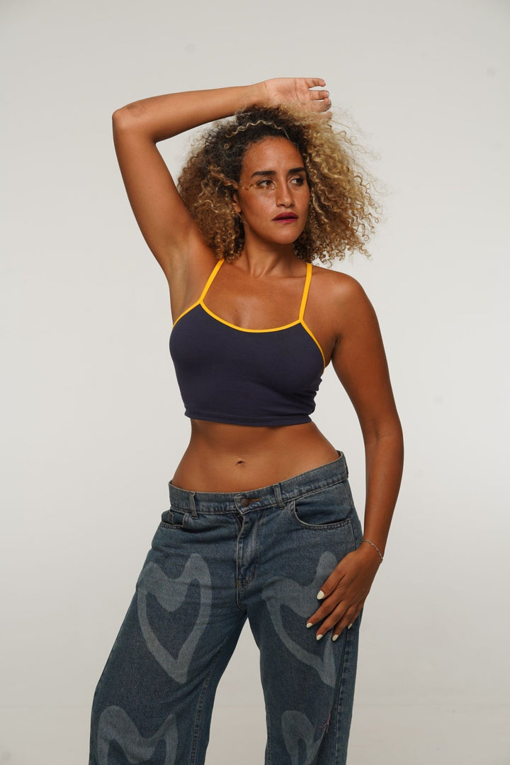 Crop Vest Top in Navy/Mango straps - Manners London