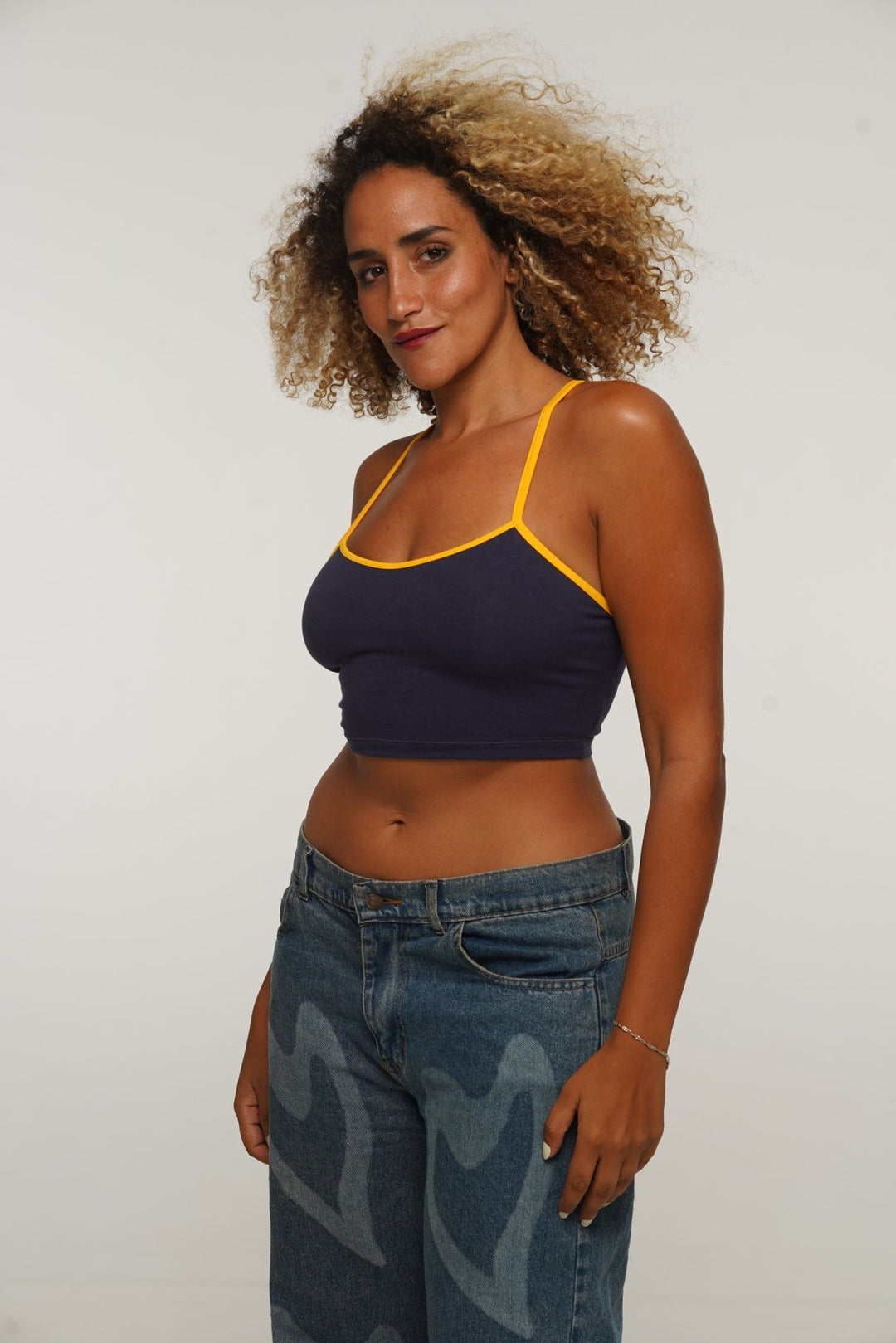 Crop Vest Top in Navy/Mango straps - Manners London