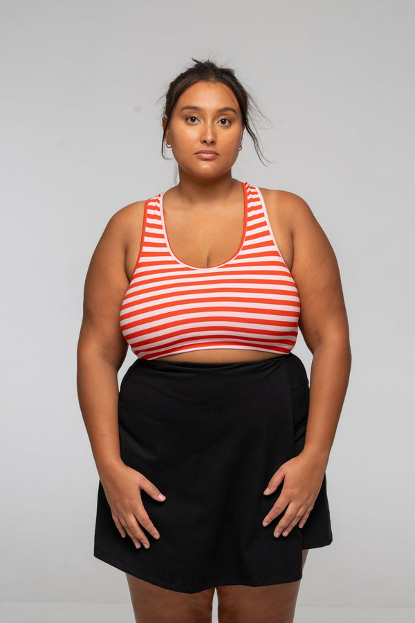 Cross Back Crop Bra In Tomato red on Bubblegum Pink!  - Manners London