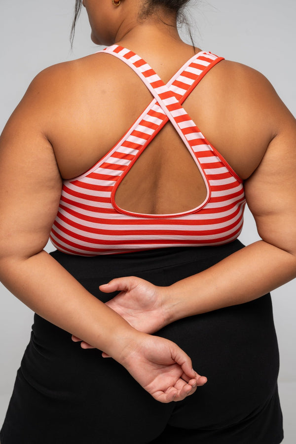 Cross Back Crop Bra In Tomato red on Bubblegum Pink!  - Manners London