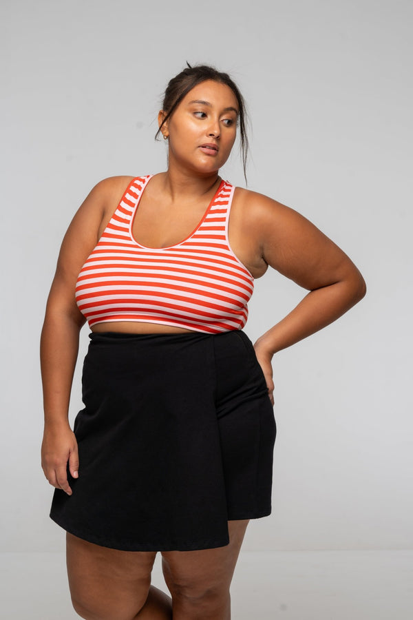 Cross Back Crop Bra In Tomato red on Bubblegum Pink!  - Manners London