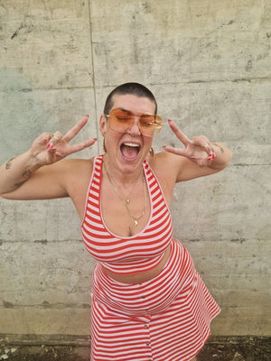 Cross Back Crop Bra In Tomato red on Bubblegum Pink!  - Manners London