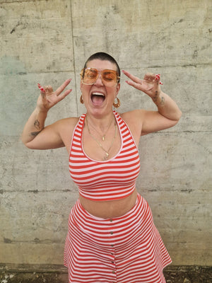 Cross Back Crop Bra In Tomato red on Bubblegum Pink!  - Manners London