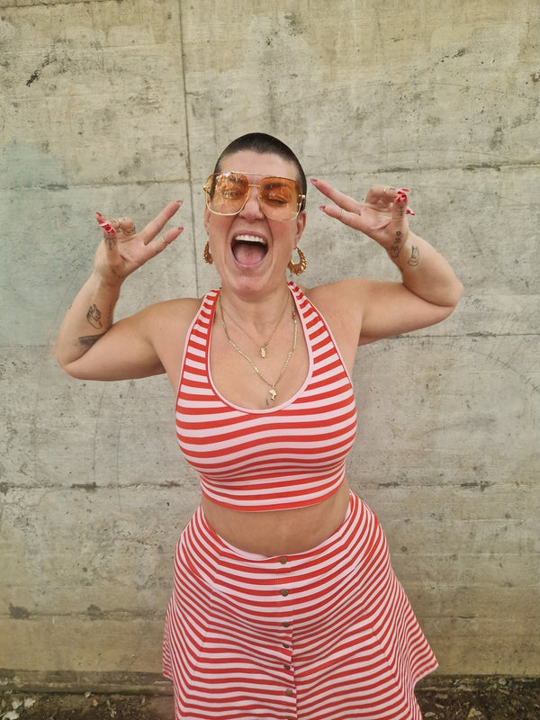 Cross Back Crop Bra In Tomato red on Bubblegum Pink!  - Manners London