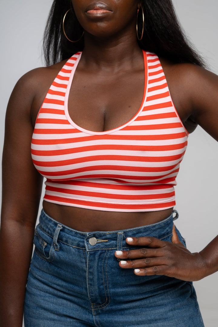 Cross Back Crop Bra In Tomato red on Bubblegum Pink!  - Manners London