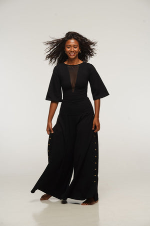 Deep V Mesh Full length Top with Wide Sleeves in Black - Manners London