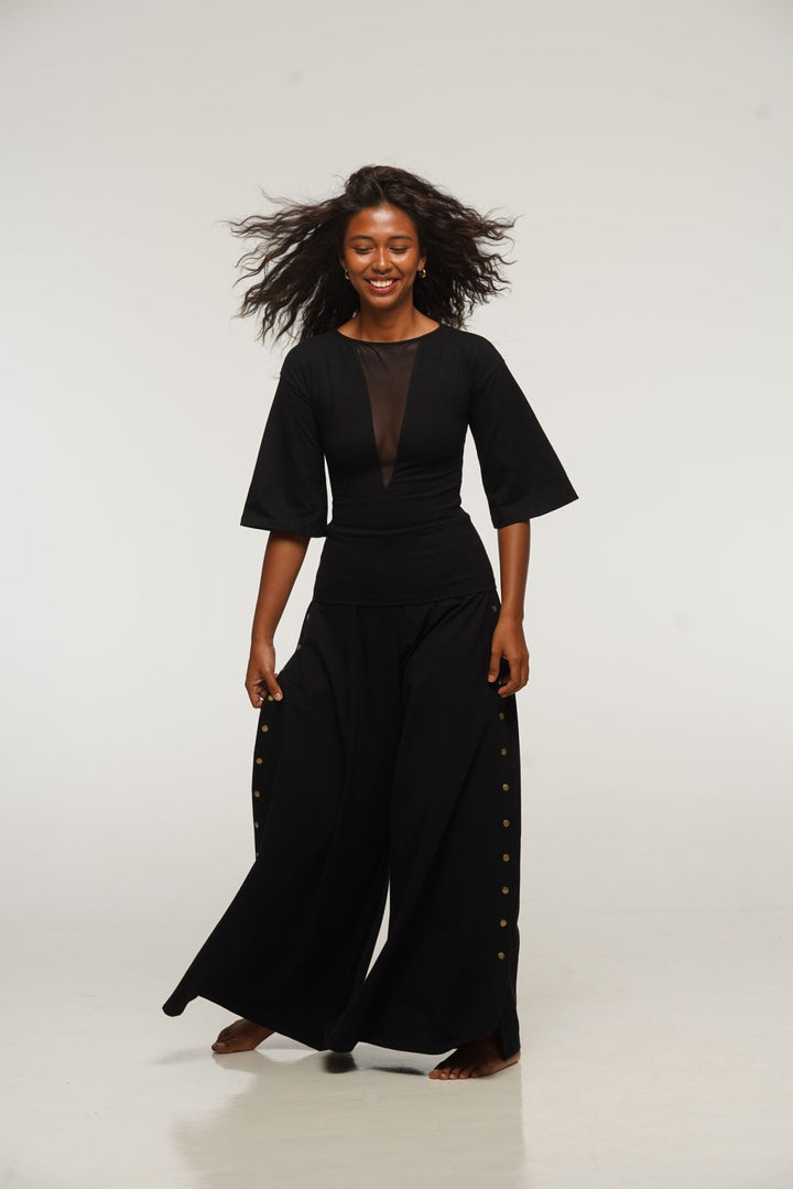 Deep V Mesh Full length Top with Wide Sleeves in Black - Manners London