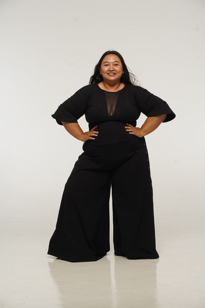 Deep V Mesh Full length Top with Wide Sleeves in Black - Manners London