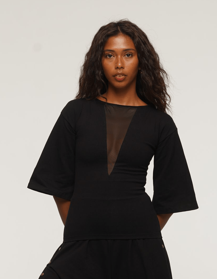Deep V Mesh Full length Top with Wide Sleeves in Black - Manners London