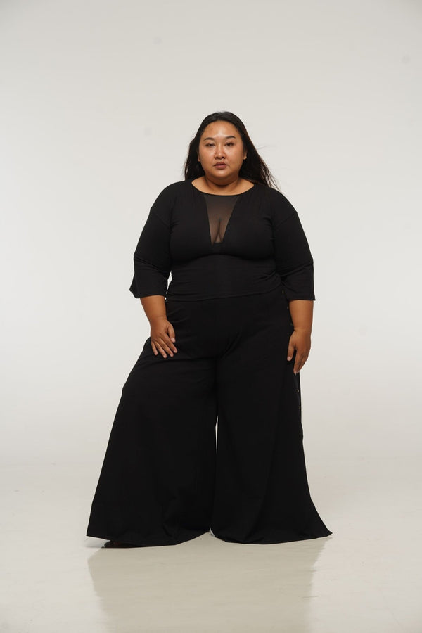 Deep V Mesh Full length Top with Wide Sleeves in Black - Manners London