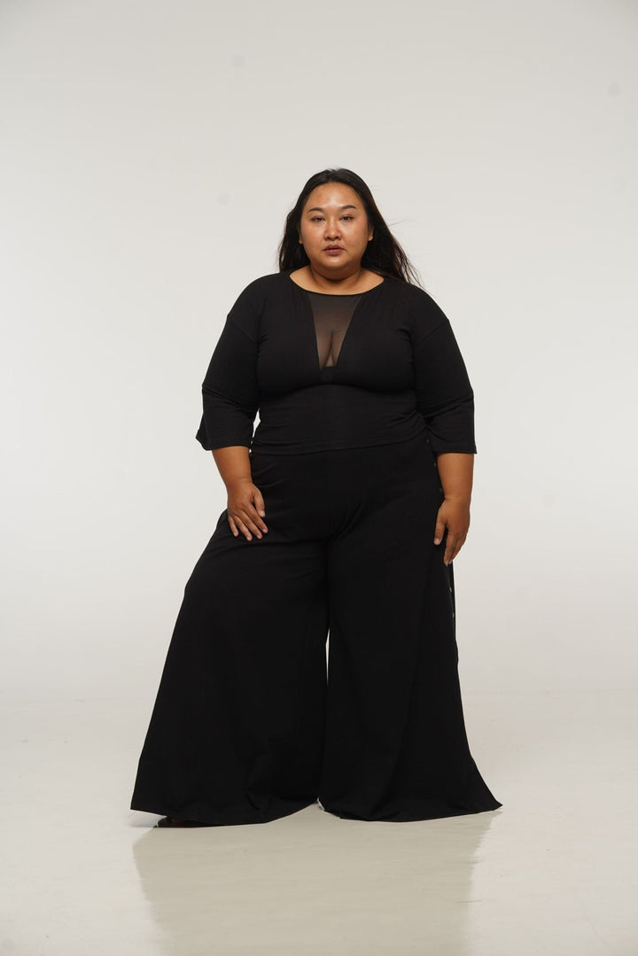 Deep V Mesh Full length Top with Wide Sleeves in Black - Manners London