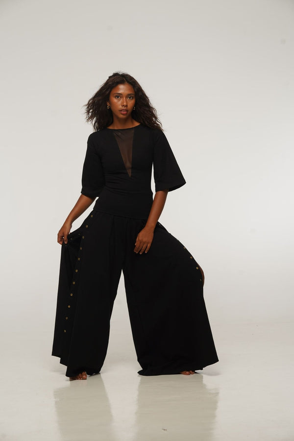 Deep V Mesh Full length Top with Wide Sleeves in Black - Manners London