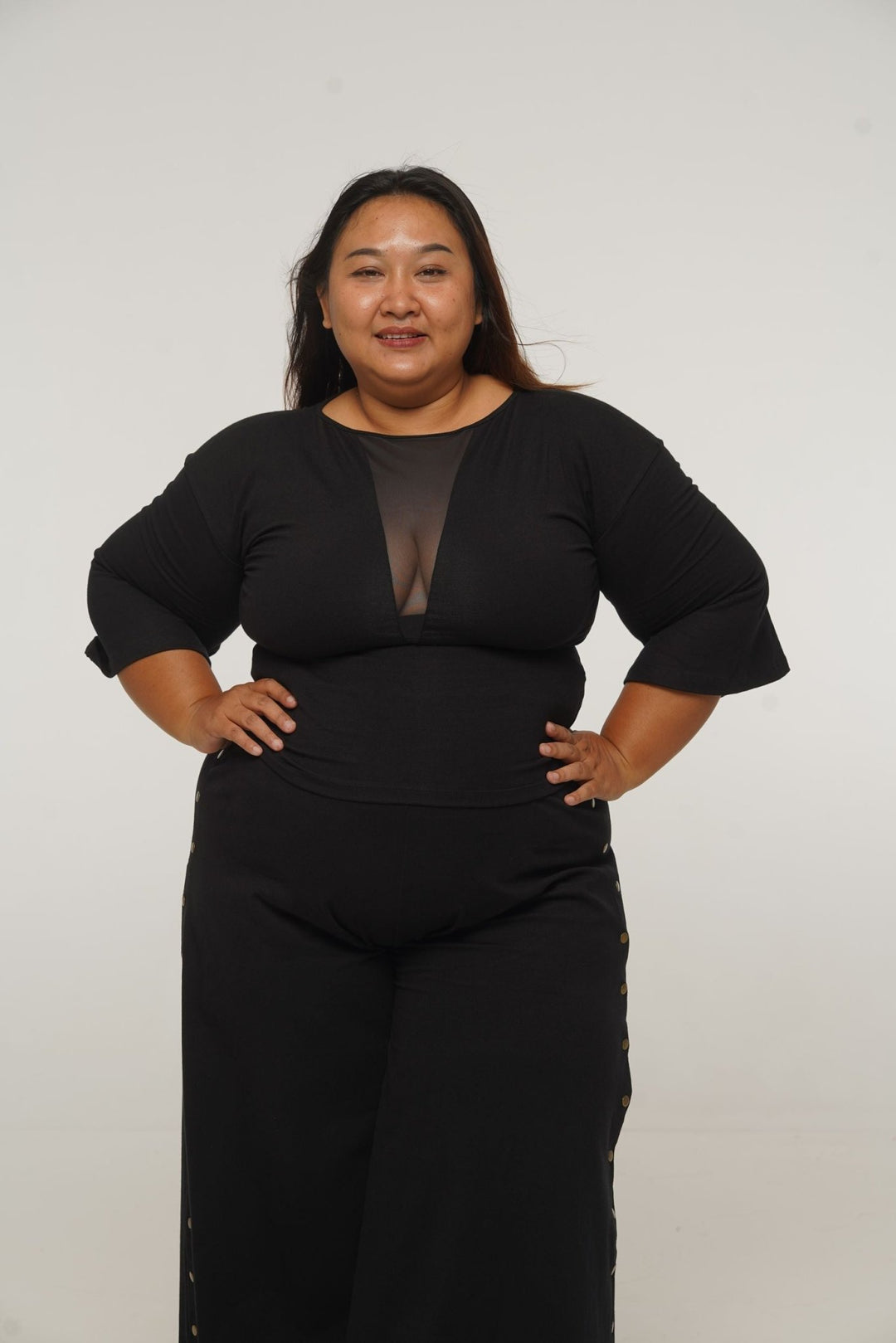 Deep V Mesh Full length Top with Wide Sleeves in Black - Manners London