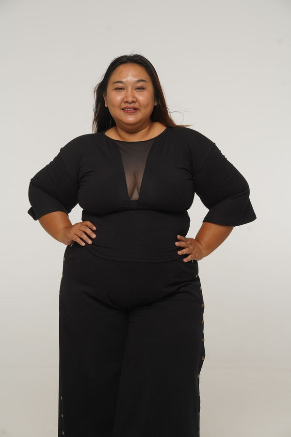 Deep V Mesh Full length Top with Wide Sleeves in Black - Manners London