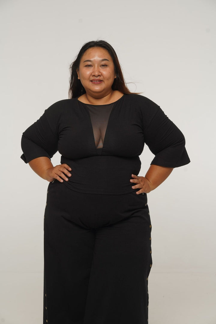 Deep V Mesh Full length Top with Wide Sleeves in Black - Manners London