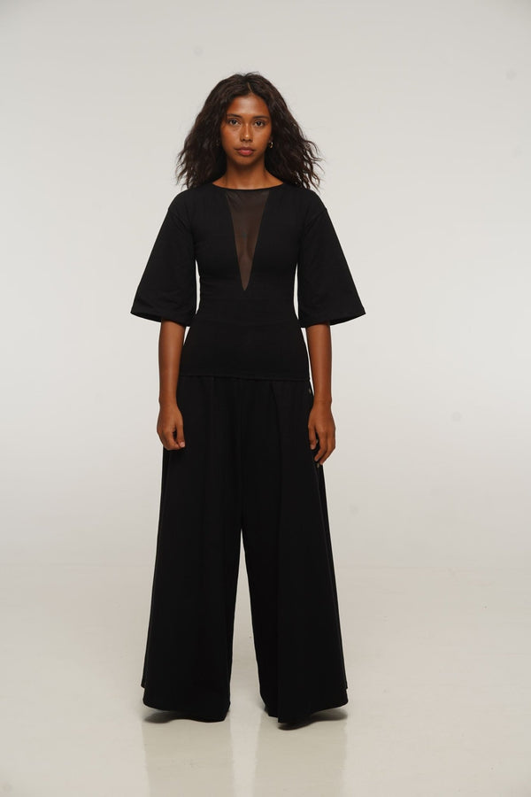 Deep V Mesh Full length Top with Wide Sleeves in Black - Manners London