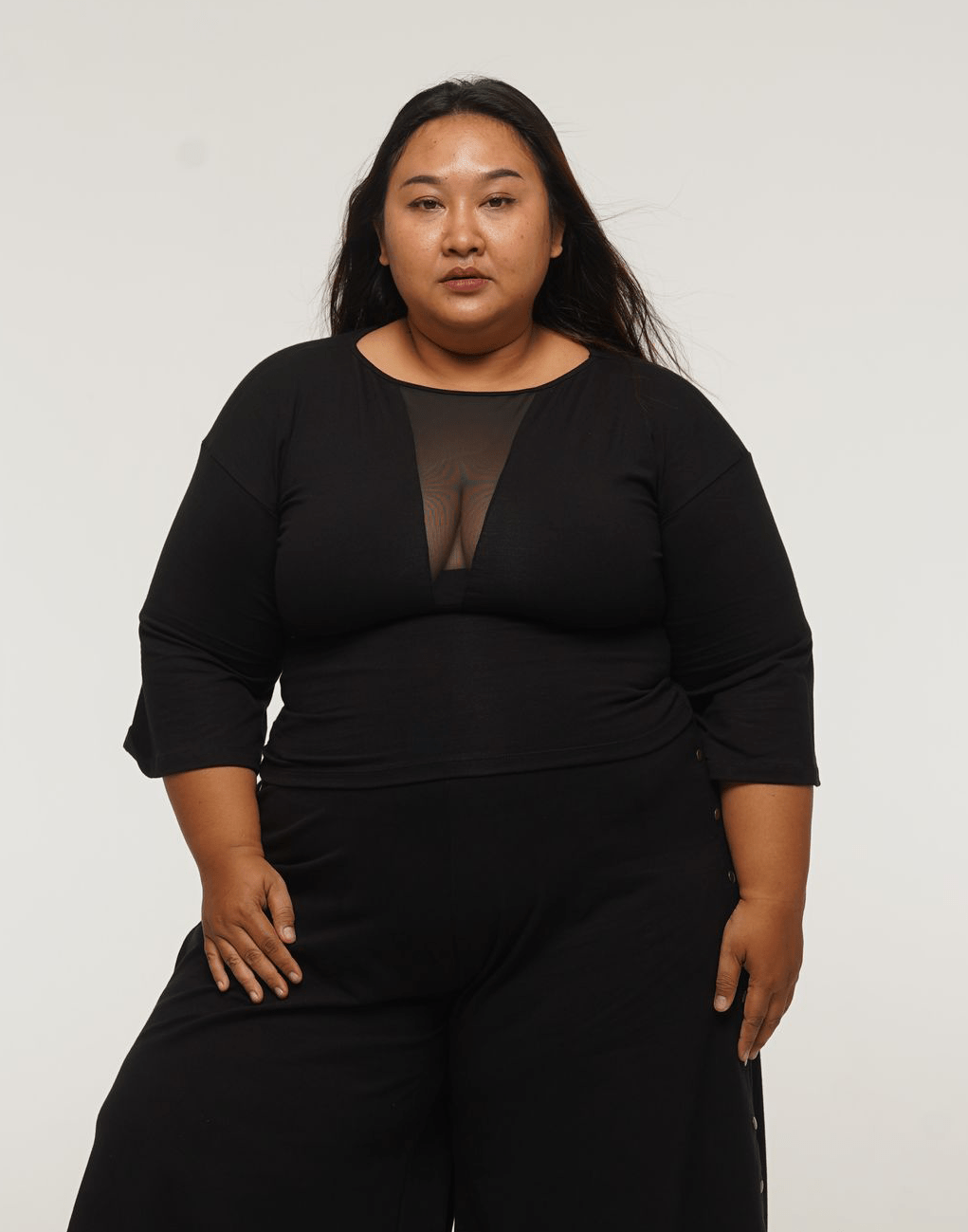 Deep V Mesh Full length Top with Wide Sleeves in Black - Manners London