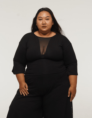 Deep V Mesh Full length Top with Wide Sleeves in Black - Manners London