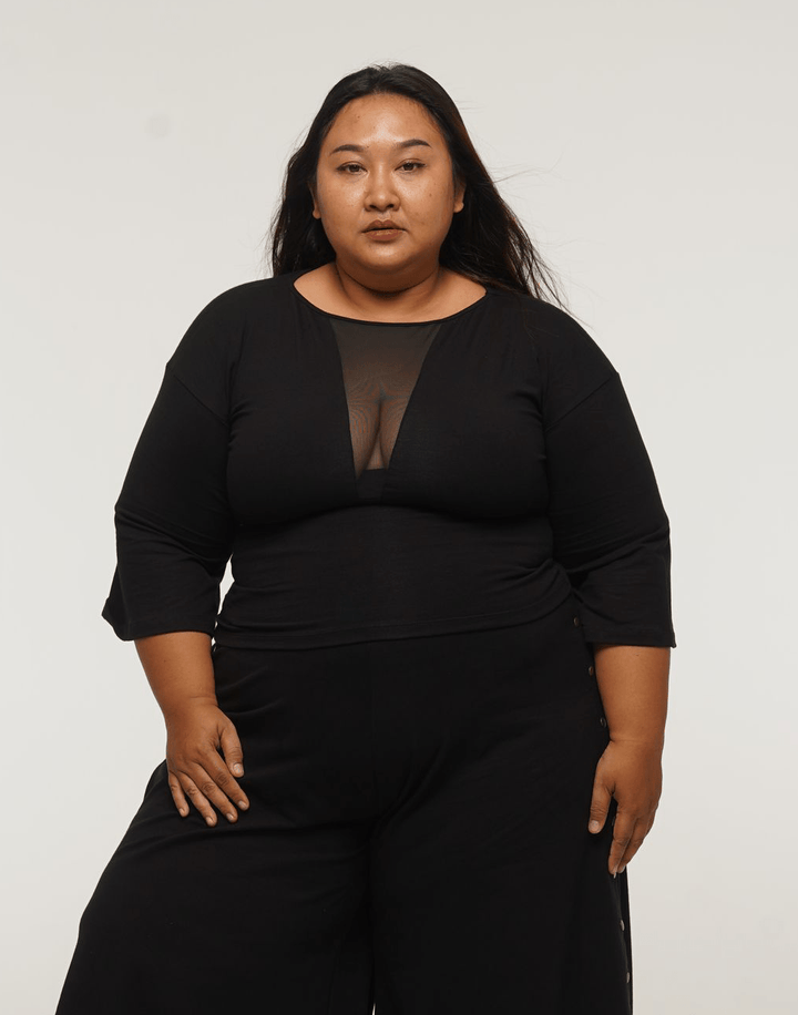 Deep V Mesh Full length Top with Wide Sleeves in Black - Manners London