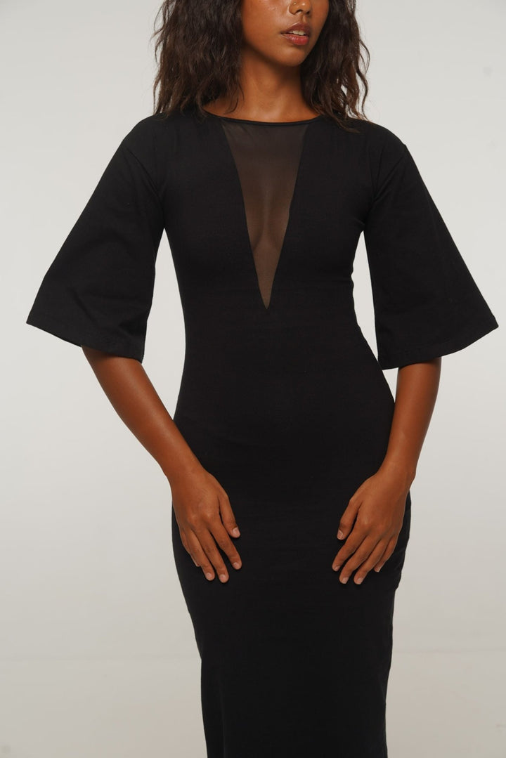 Deep V Mesh Midi Dress with Wide Sleeves in Black - Manners London