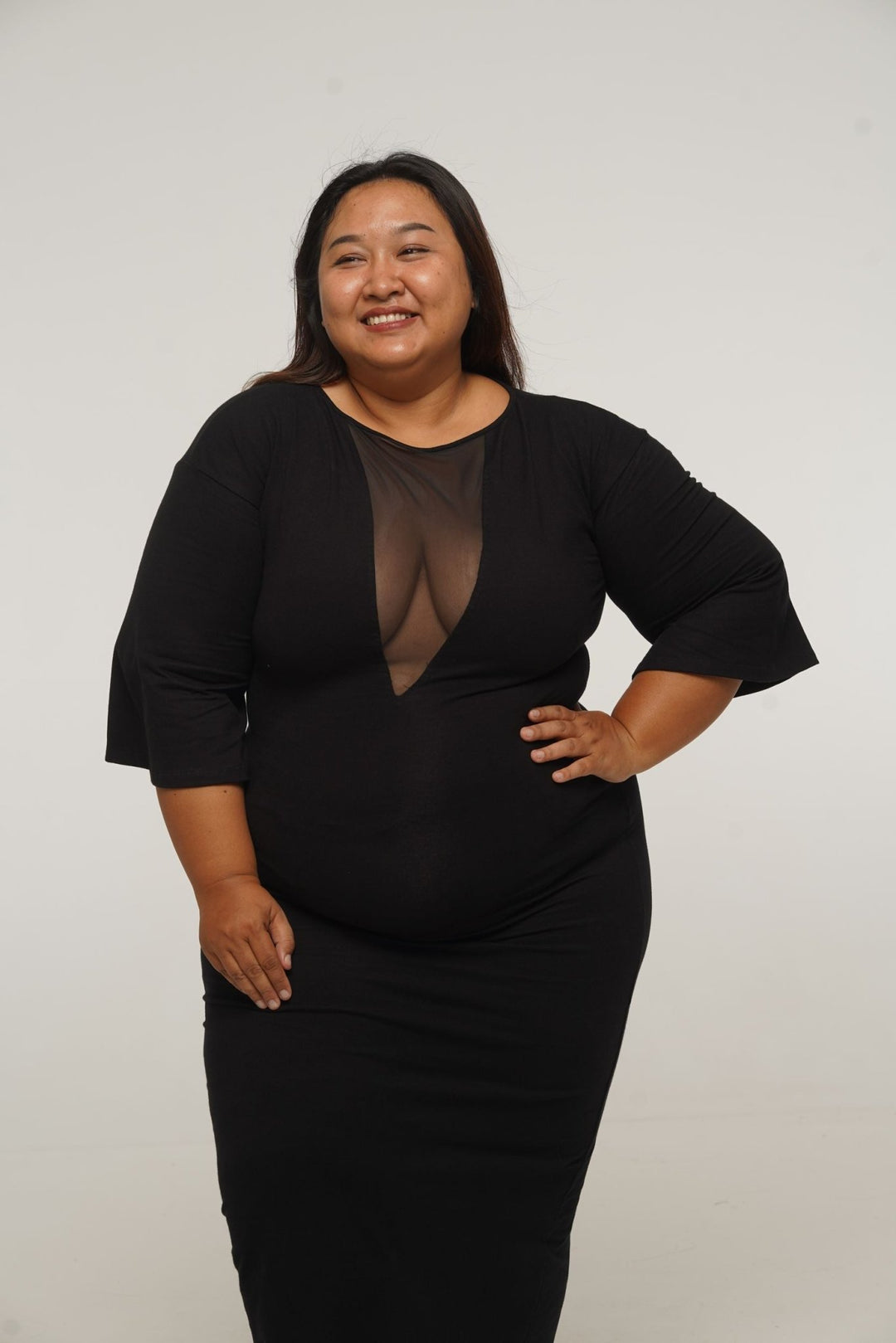 Deep V Mesh Midi Dress with Wide Sleeves in Black - Manners London