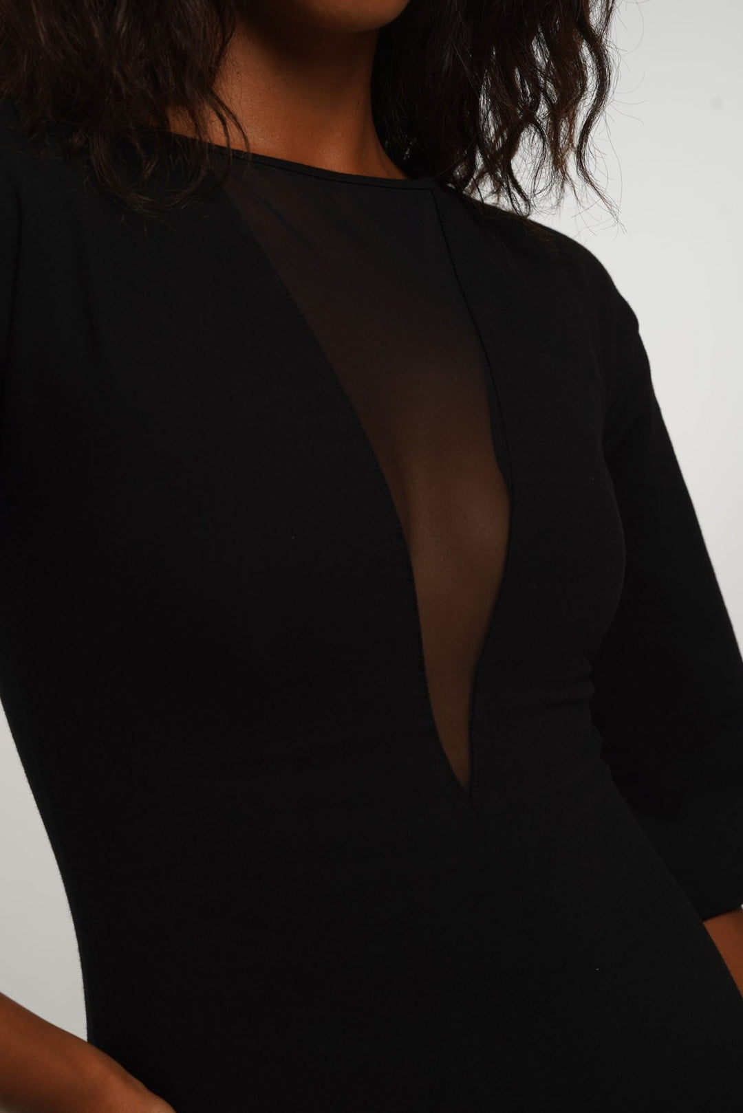 Deep V Mesh Midi Dress with Wide Sleeves in Black - Manners London