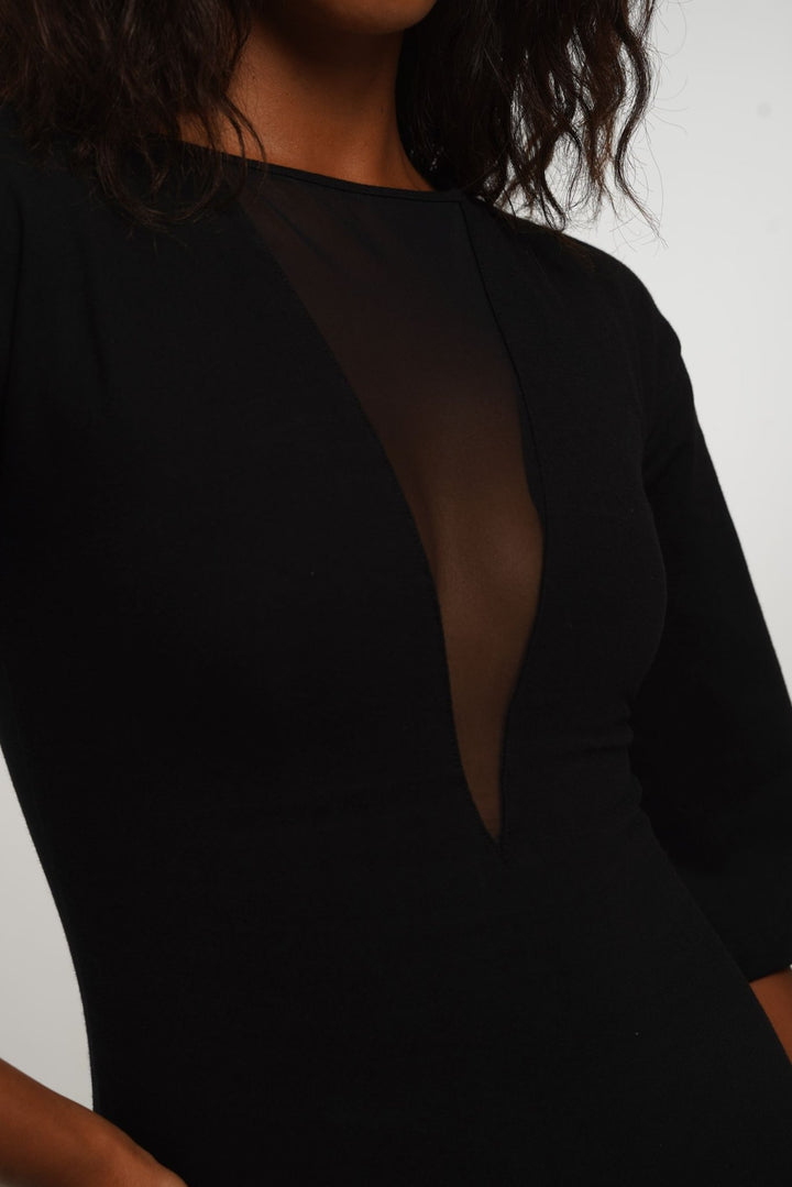 Deep V Mesh Midi Dress with Wide Sleeves in Black - Manners London
