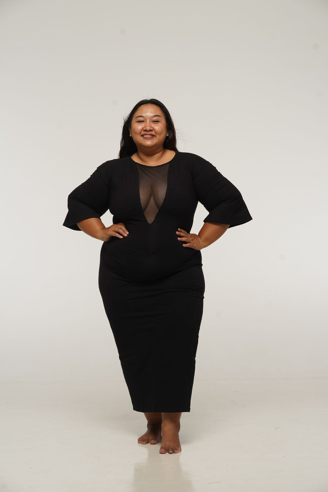 Deep V Mesh Midi Dress with Wide Sleeves in Black - Manners London