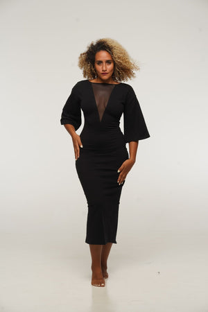 Deep V Mesh Midi Dress with Wide Sleeves in Black - Manners London