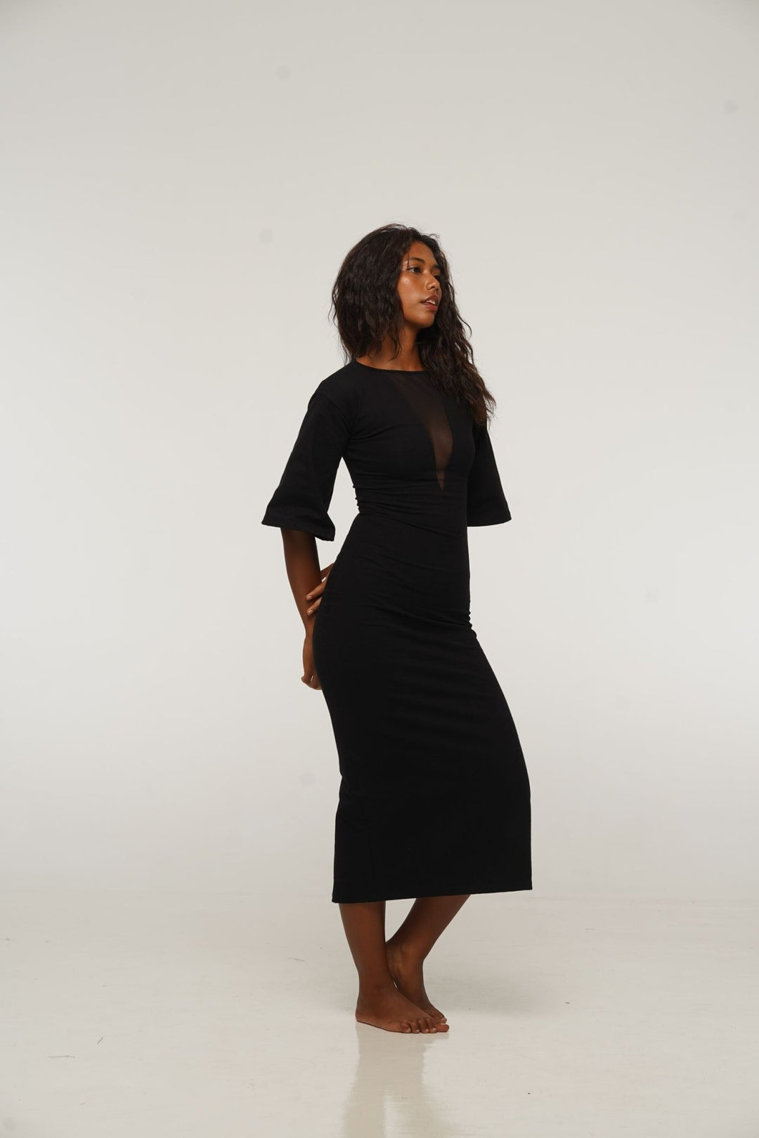 Deep V Mesh Midi Dress with Wide Sleeves in Black - Manners London