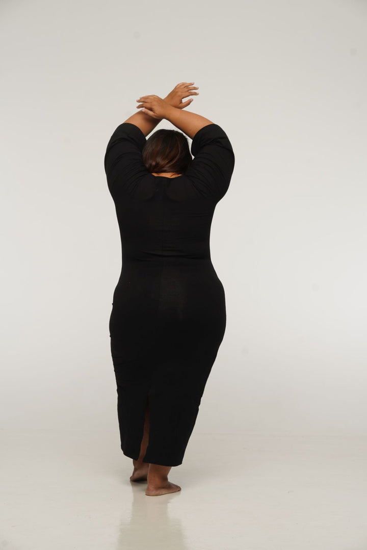 Deep V Mesh Midi Dress with Wide Sleeves in Black - Manners London