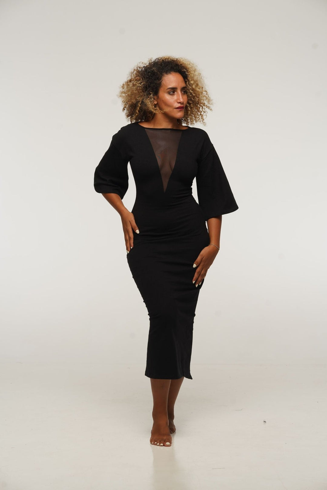 Deep V Mesh Midi Dress with Wide Sleeves in Black - Manners London