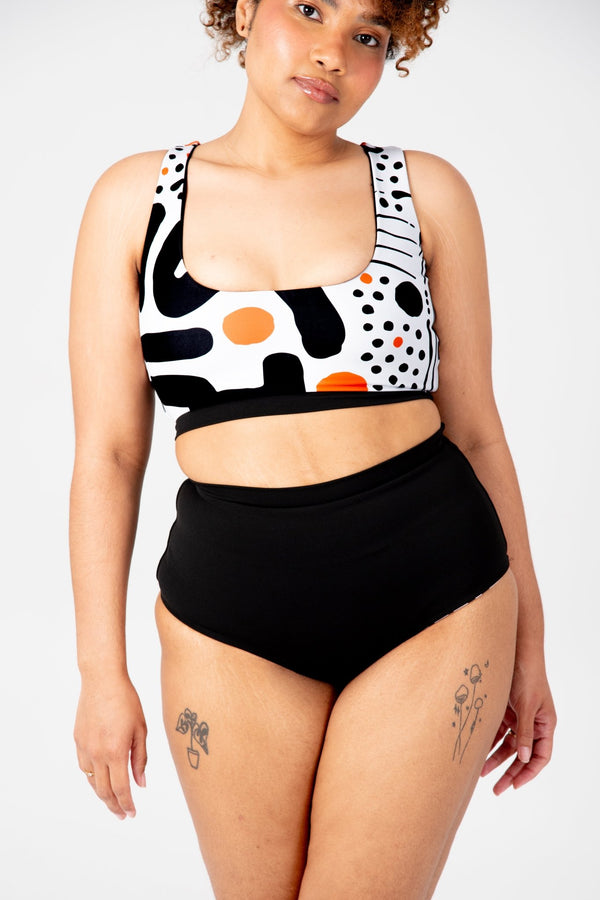 Flip - it Swim 4 - way Reversible Crop Top Regular In Cuppa Print and Black - Manners London
