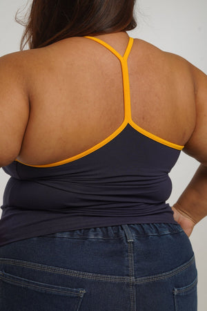 Full Length Vest Top T - Back in Navy/Mango straps - Manners London