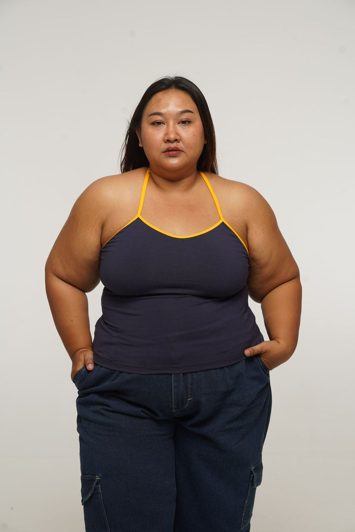 Full Length Vest Top T - Back in Navy/Mango straps - Manners London