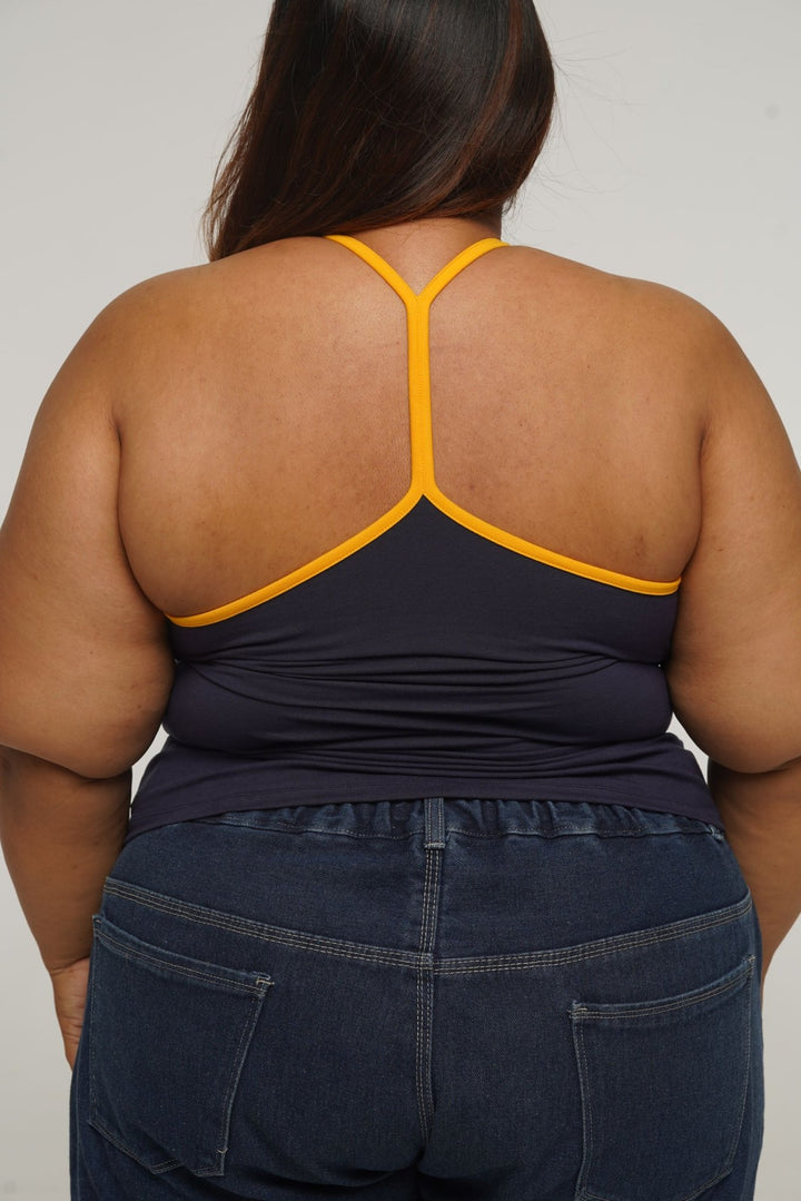 Full Length Vest Top T - Back in Navy/Mango straps - Manners London