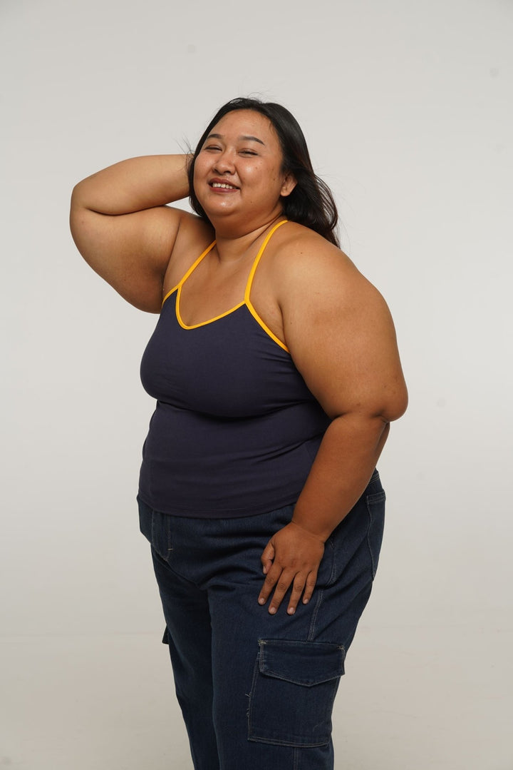 Full Length Vest Top T - Back in Navy/Mango straps - Manners London