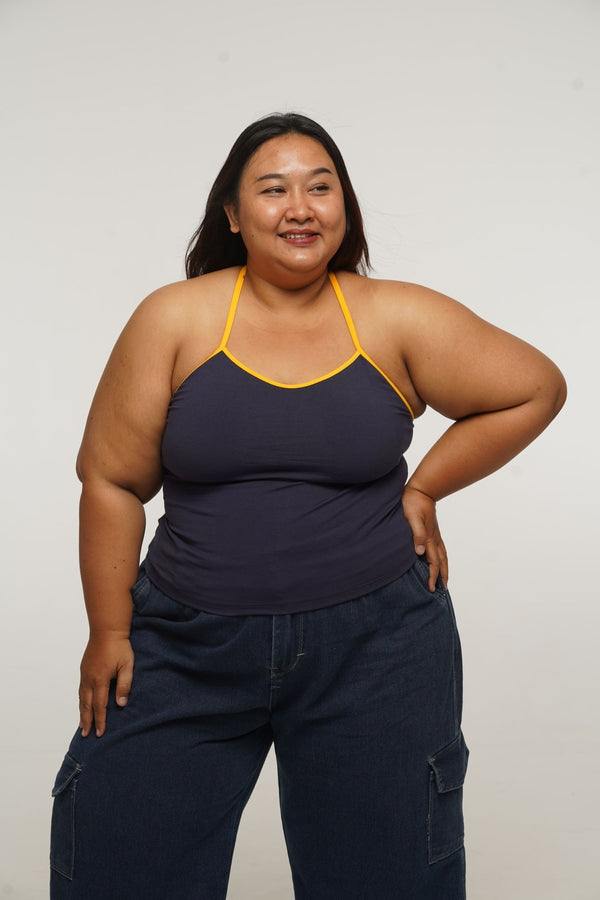 Full Length Vest Top T - Back in Navy/Mango straps - Manners London