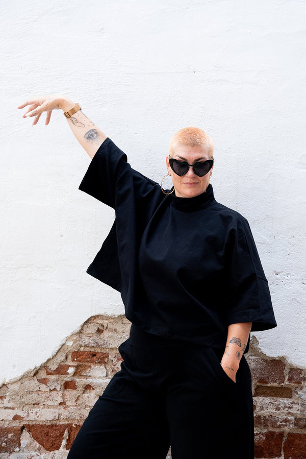 Funnel Neck Oversized Crop Tee in Black - Manners London