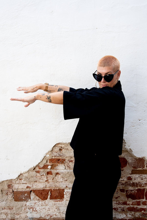 Funnel Neck Oversized Crop Tee in Black - Manners London