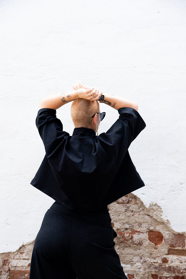 Funnel Neck Oversized Crop Tee in Black - Manners London
