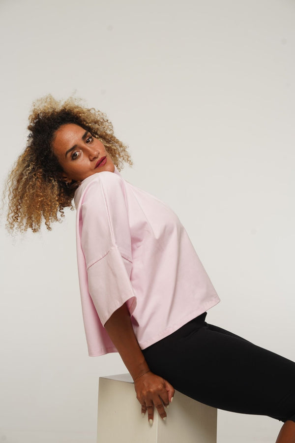 Funnel Neck Oversized Crop Tee in Pastel Pink - Manners London