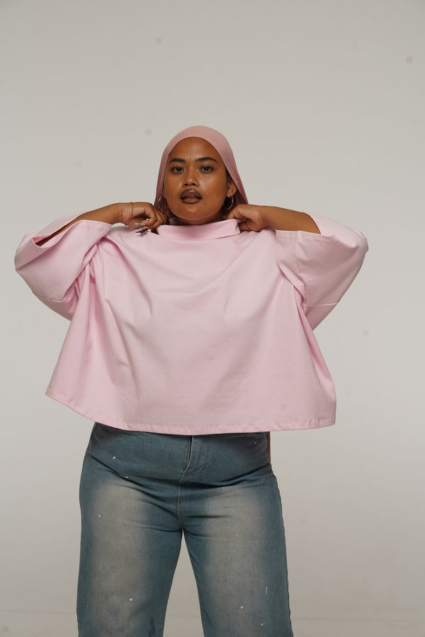 Funnel Neck Oversized Crop Tee in Pastel Pink - Manners London