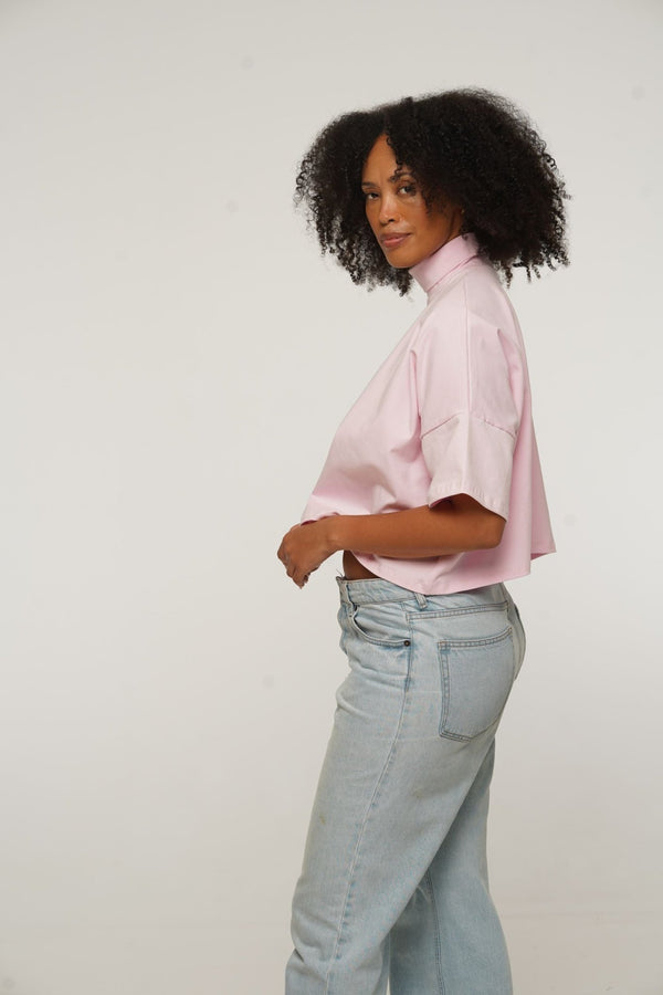 Funnel Neck Oversized Crop Tee in Pastel Pink - Manners London