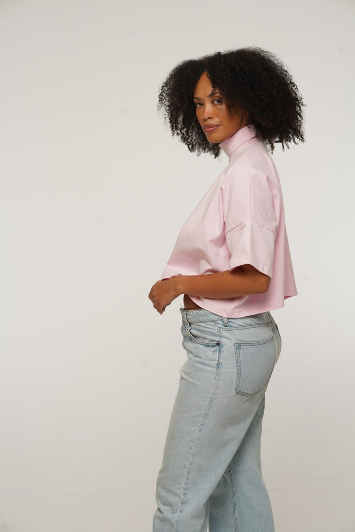 Funnel Neck Oversized Crop Tee in Pastel Pink - Manners London